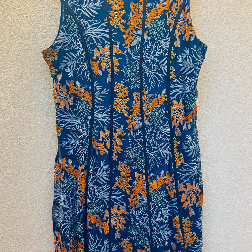 2X Reba Woman Embroidered Blue + Orange Floral Dress w/elastic waistband at back